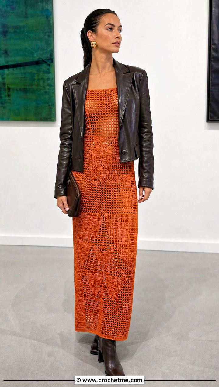 Filet Crochet Column Dress With Leather Blazer - 15 handmade crochet dress ideas