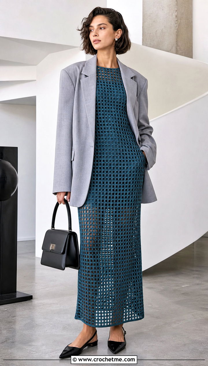 Filet Crochet Column Dress With Oversized Blazer - 35 crochet long dress outfit ideas