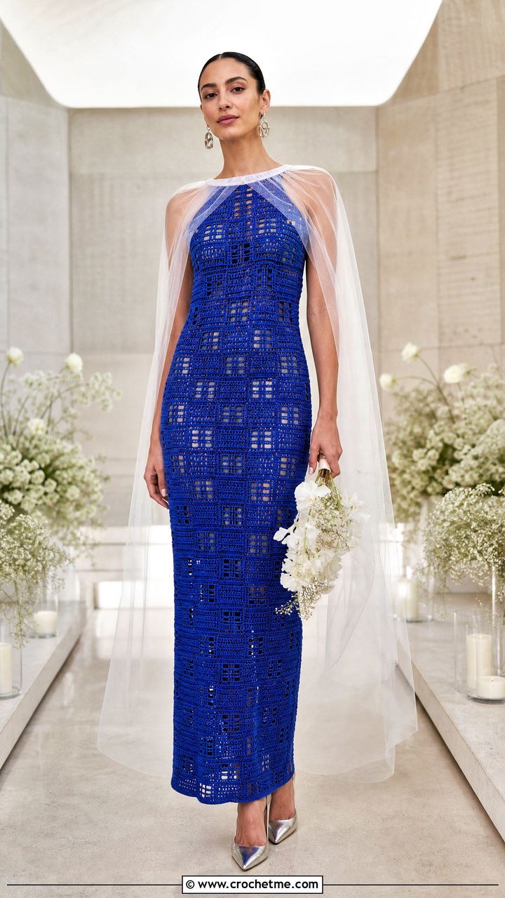 Filet Crochet Column Dress With Sheer Cape Veil - 35 crochet wedding dress outfit ideas