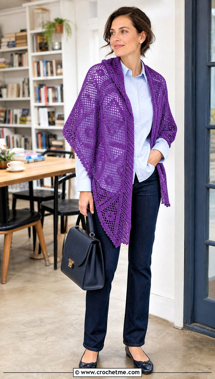Filet Crochet Cotton Shawl With Button Down Shirt - 15 Crochet Cotton Shawl outfit ideas