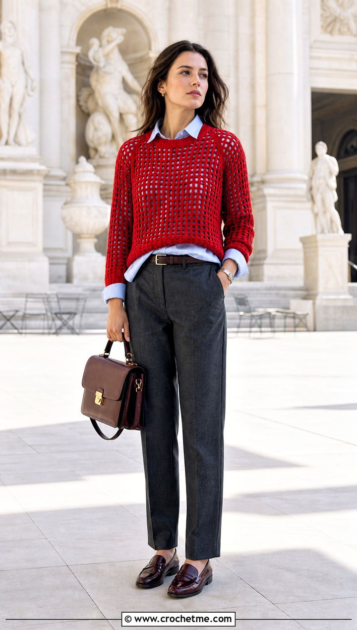 Filet Crochet Crewneck Sweater With Pleated Trousers - 15 vibrant crochet sweater design outfit ideas
