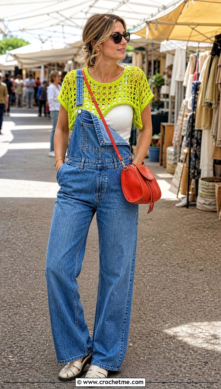 Filet Crochet Crop Top Under Denim Overalls - 30 cute crochet crop top outfit ideas