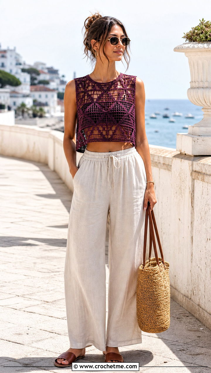 Filet Crochet Crop Top With Linen Pants - 15 Once Upon A Time In Hollywood Crochet Top outfit ideas