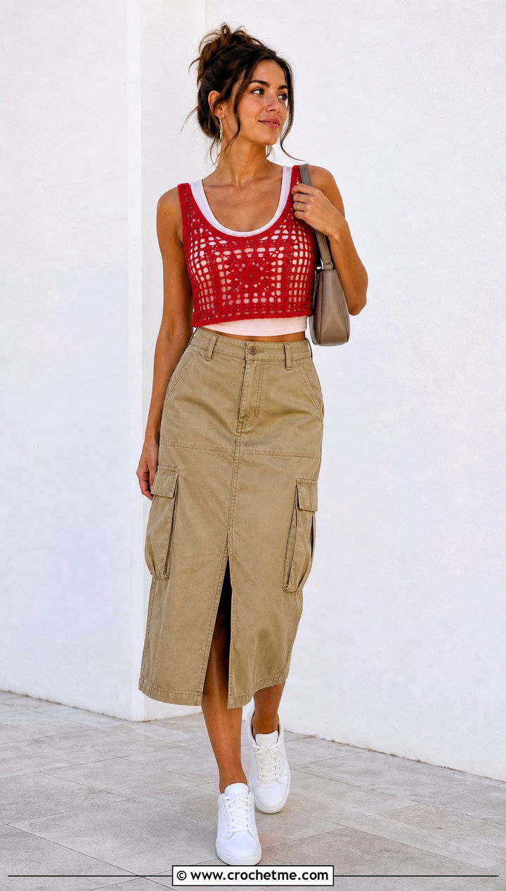 Filet Crochet Crop Vest With Cargo Midi Skirt - 30 crochet crop vest outfit ideas