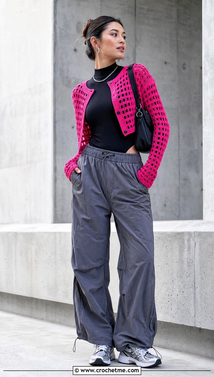Filet Crochet Cropped Cardigan With Parachute Pants - 25 crocheted cropped cardigan outfit ideas