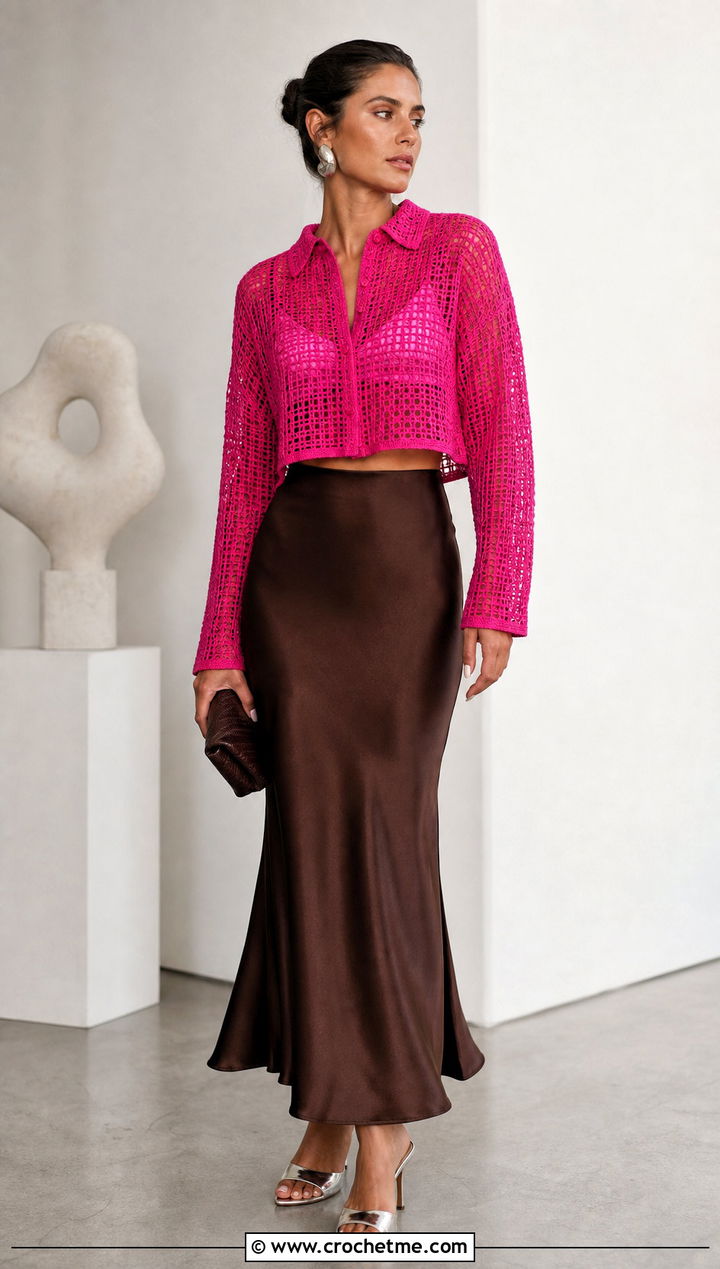 Filet Crochet Cropped Shirt With Satin Slip Skirt - 30 crochet cropped shirt outfit ideas