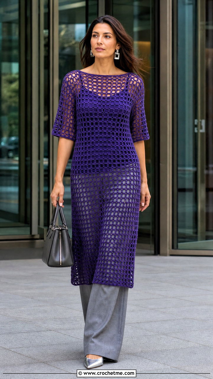 Filet Crochet Dress With Tailored Trousers - 35 crochet dress ideas