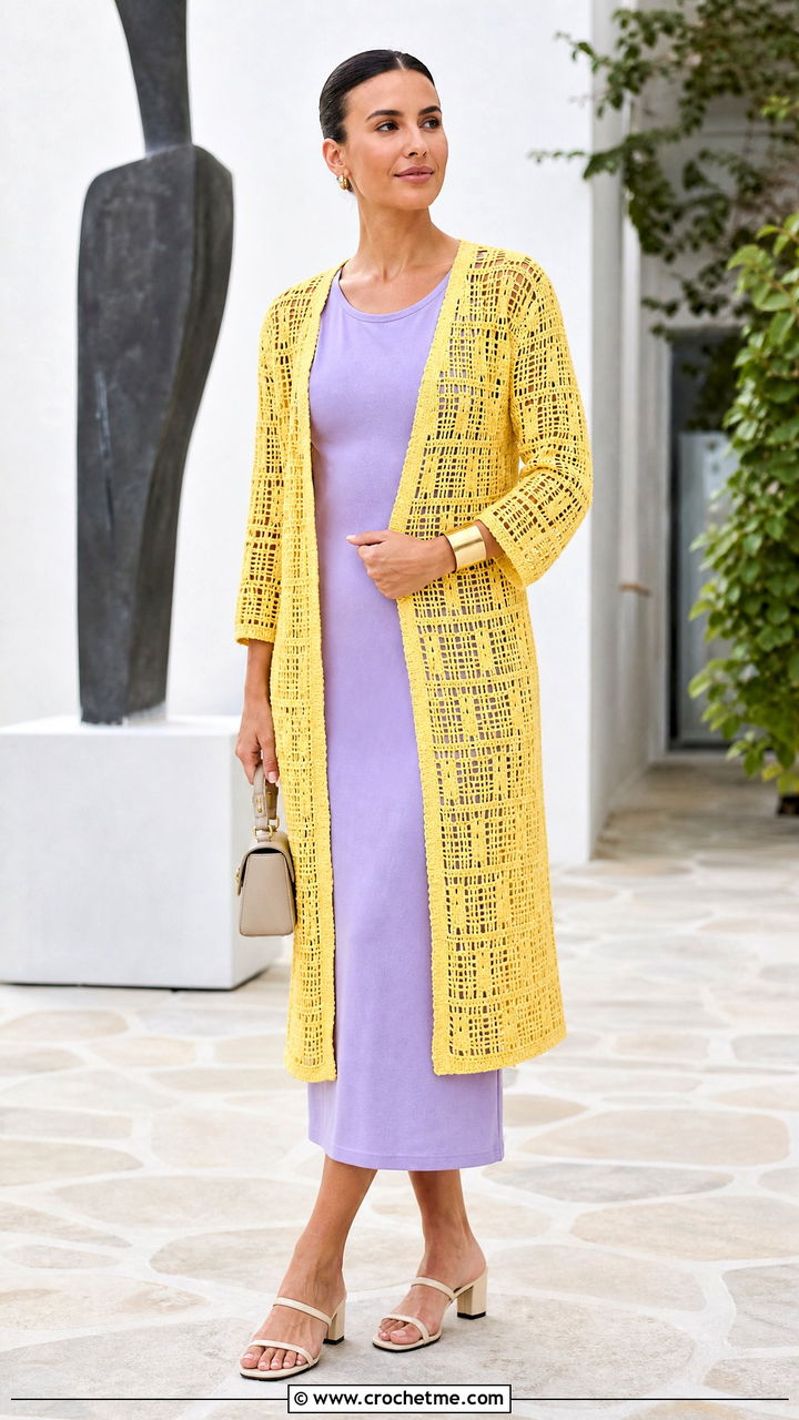 Filet Crochet Duster Cardigan With Midi Dress - 35 crochet duster cardigan outfit ideas