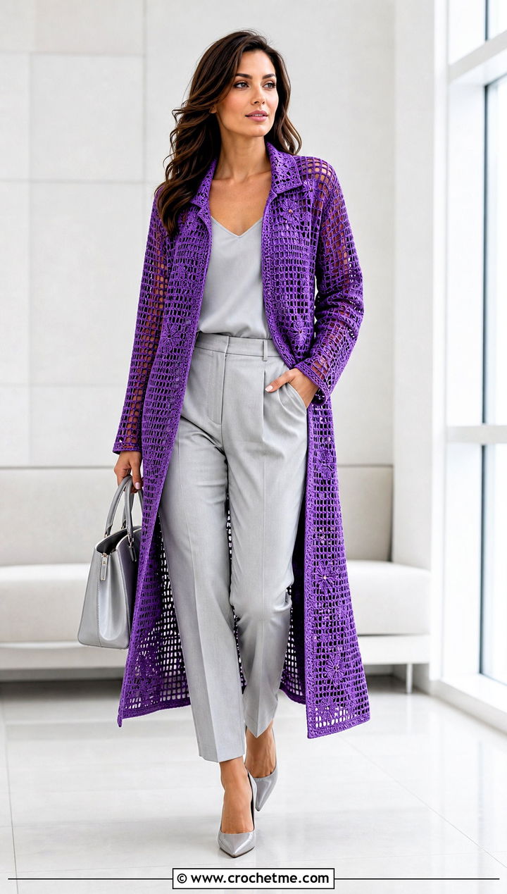 Filet Crochet Duster With Monochrome Suit - 25 crochet duster outfit ideas