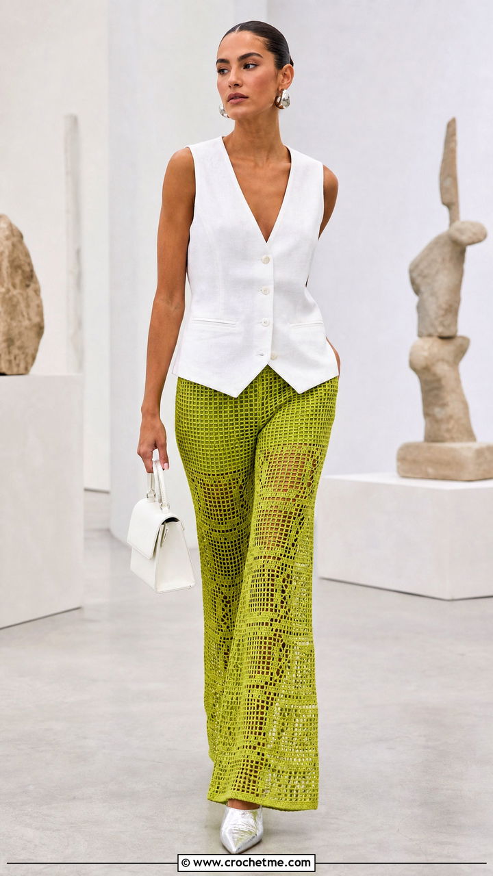 Filet Crochet Flare Pants With Linen Waistcoat - 35 crochet flare pants outfit ideas