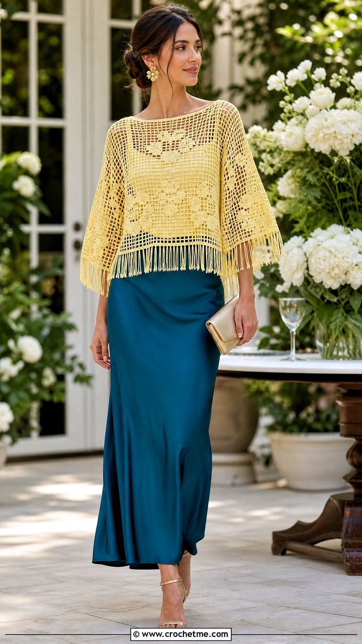 Filet Crochet Fringe Blouse With Bias Maxi Skirt - 35 Crochet Fringe Top outfit ideas