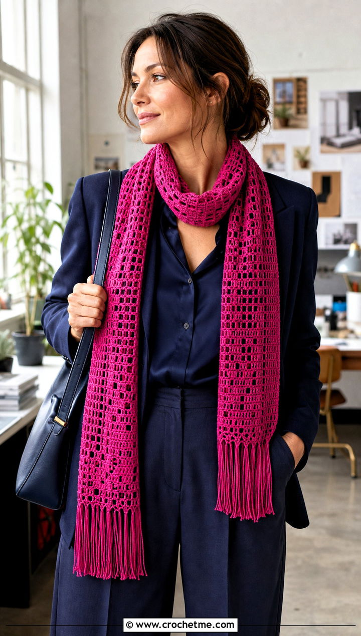 Filet Crochet Fringe Scarf With Blouse And Trousers - 25 Crochet Scarf Fringe Ideas