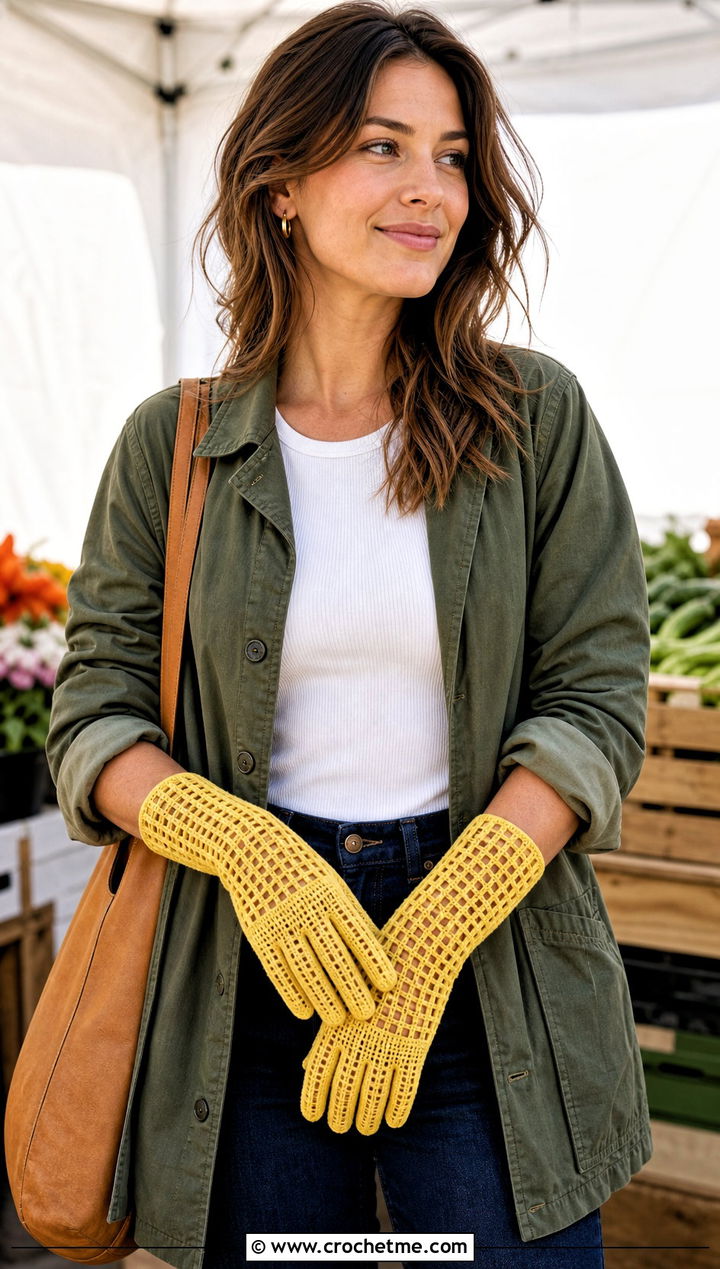 Filet Crochet Gloves With A Utility Jacket - 25 Vintage Crochet Gloves outfit ideas