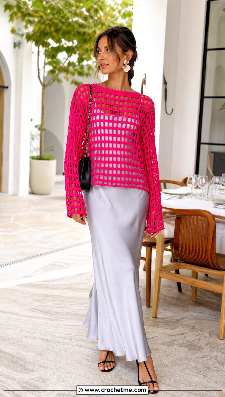 Filet Crochet Grid Sweater Over A Slip Dress - 30 crochet grid sweater outfit ideas