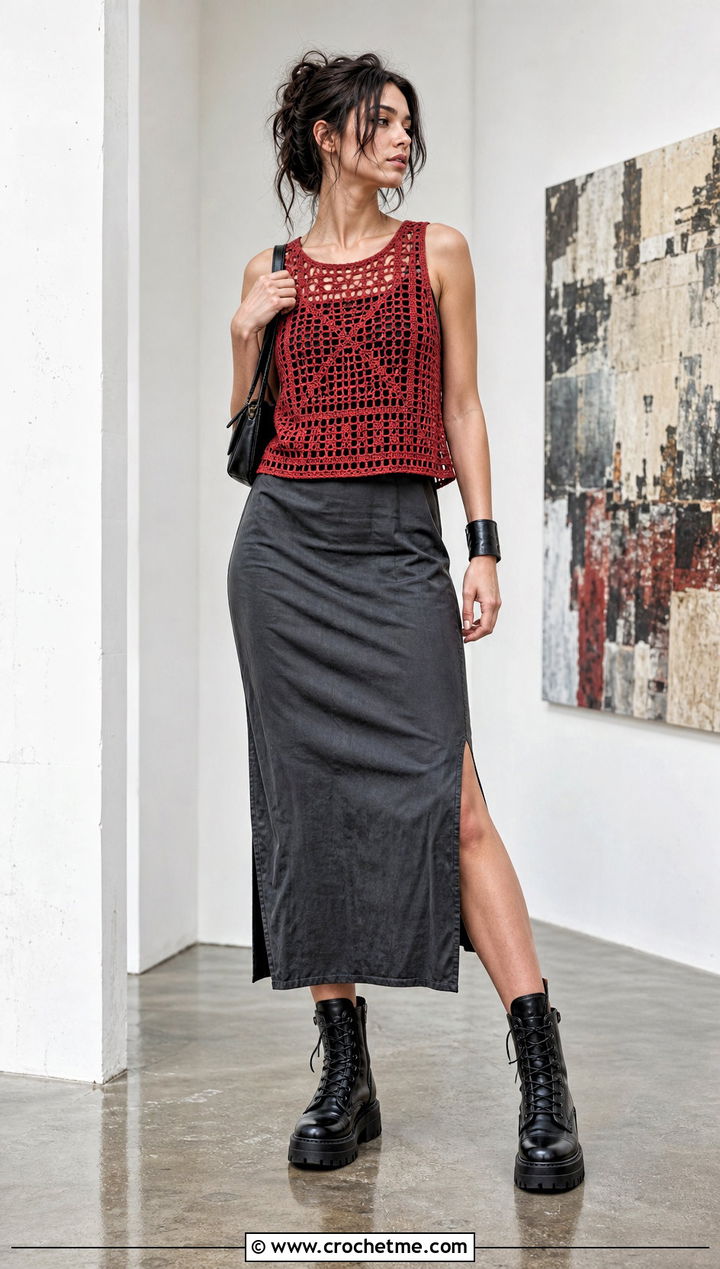 Filet Crochet Grunge Top Over A Slip Dress - 30 crochet grunge top outfit ideas