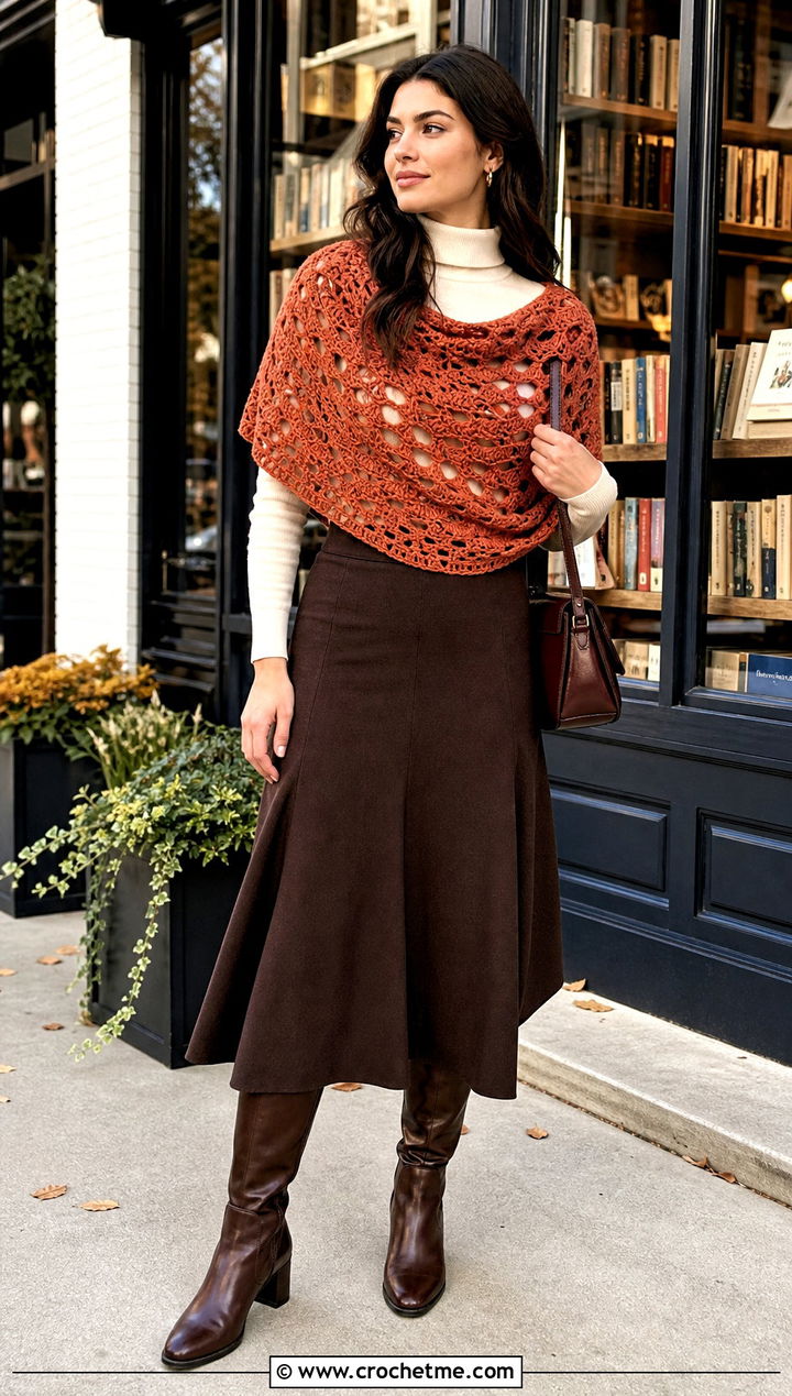 Filet Crochet Half Circle Shawl With Turtleneck - 15 Half Circle Crochet Shawl outfit ideas