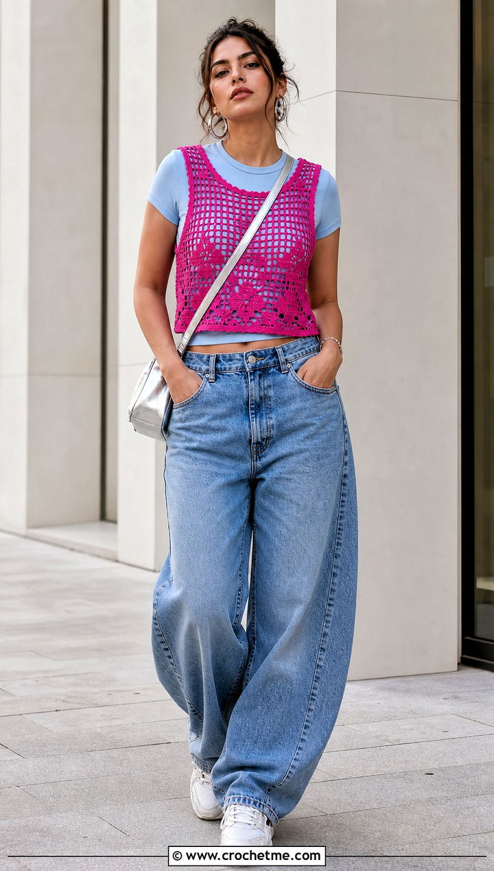 Filet Crochet Half Top Over A Fitted T Shirt - 35 crochet half top outfit ideas