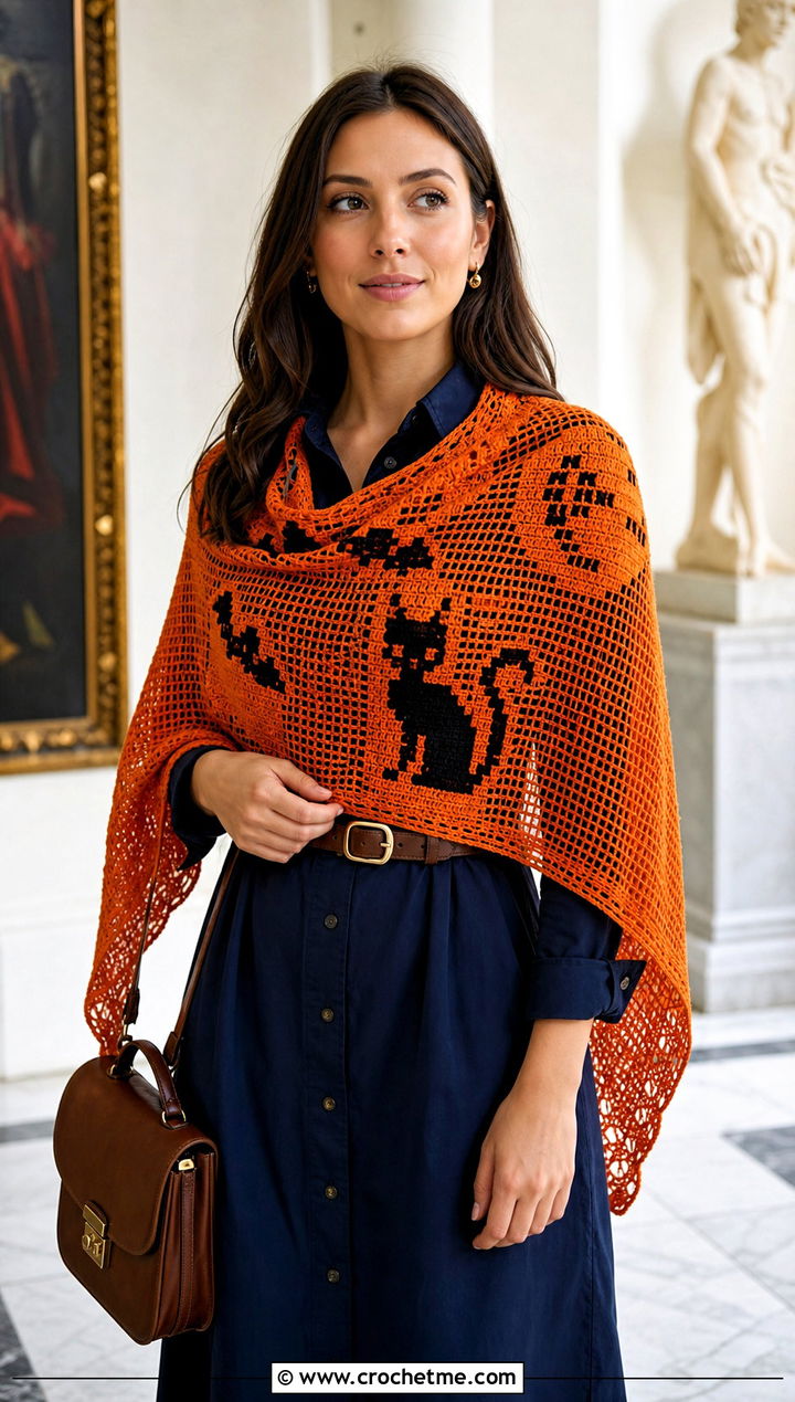 Filet Crochet Halloween Shawl With Shirt Dress and Oxfords - 25 halloween crochet shawl outfit ideas
