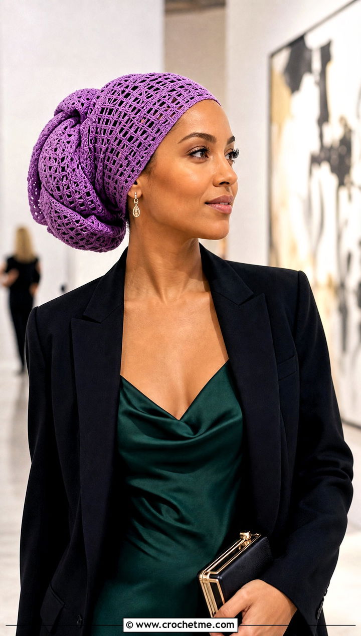Filet Crochet Headwrap With Slip Dress And Blazer - 35 crochet headwrap outfit ideas