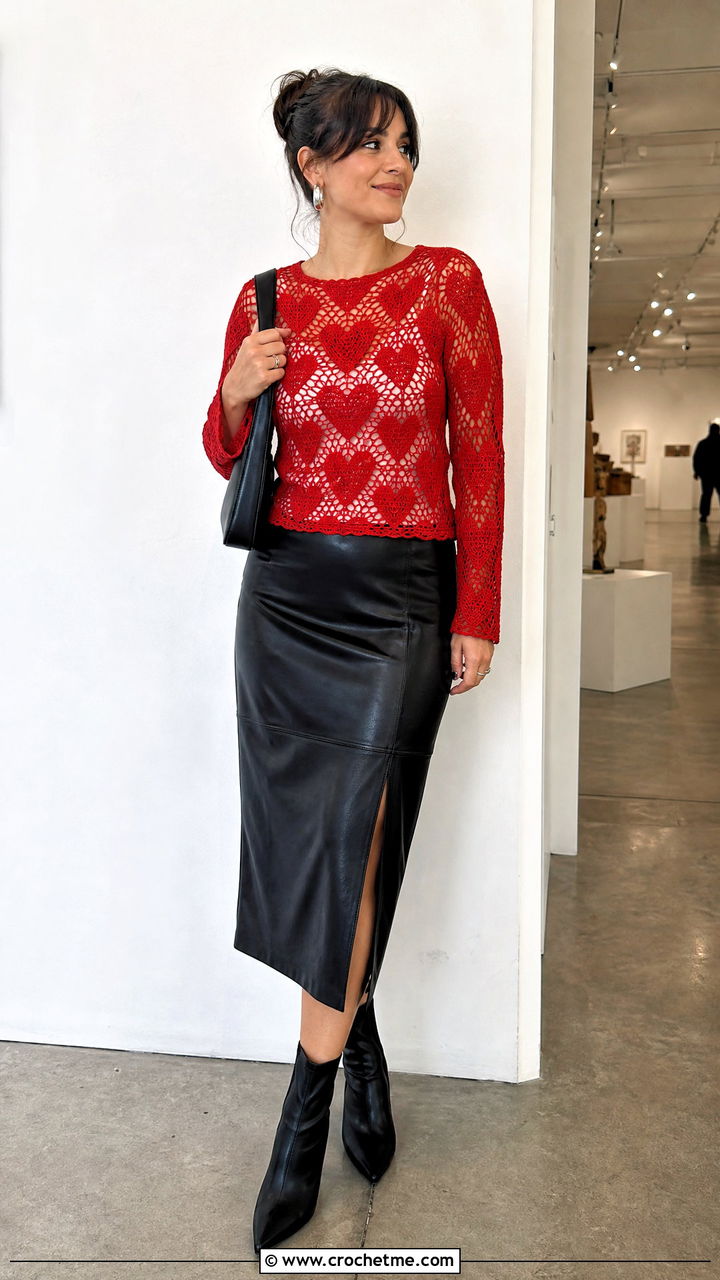 Filet Crochet Heart Motif Top With A Leather Skirt - 35 filet crochet top outfit ideas