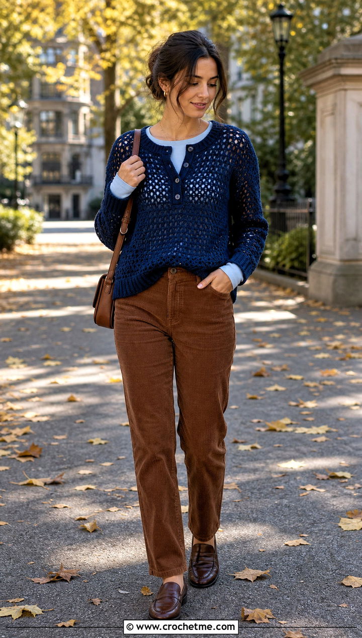 Filet Crochet Henley Shirt With Corduroy Pants - 30 filet crochet shirt outfit ideas