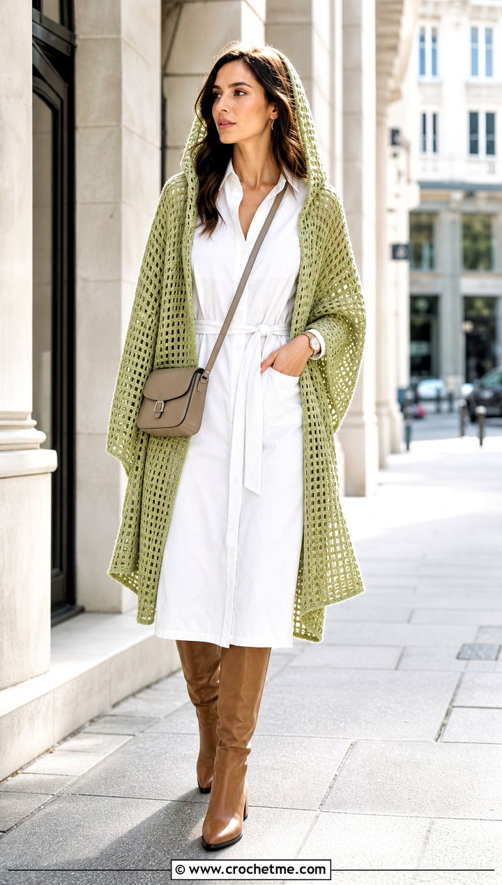 Filet Crochet Hooded Cape With Shirt Dress - 35 crochet hooded cape outfit ideas