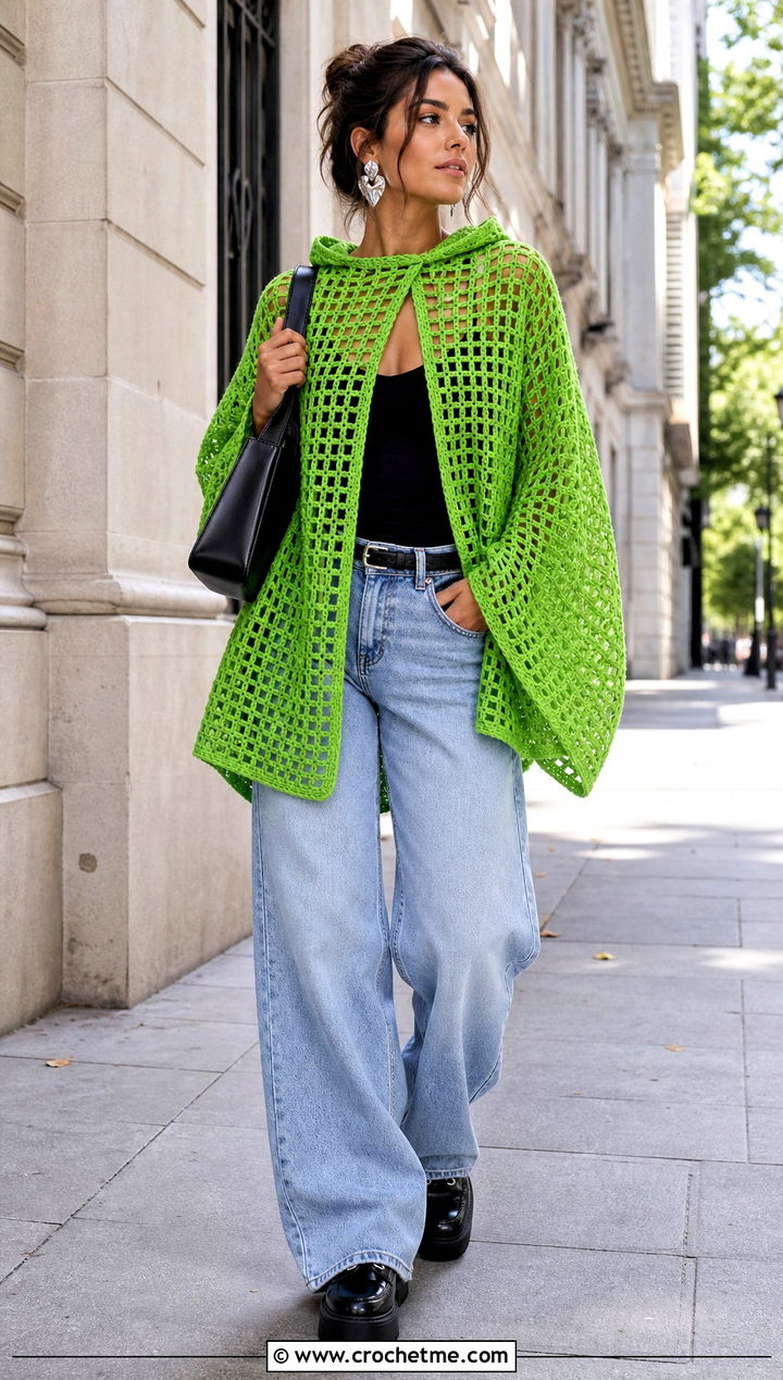 Filet Crochet Hooded Poncho With Wide Leg Jeans - 35 Crochet Hooded Poncho outfit ideas