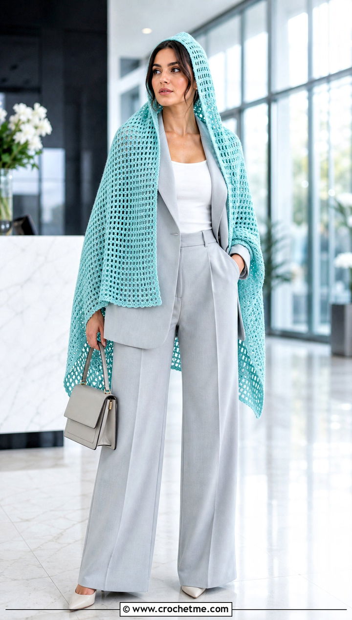Filet Crochet Hooded Shawl With Monochrome Suit - 35 crochet hooded shawl outfit ideas