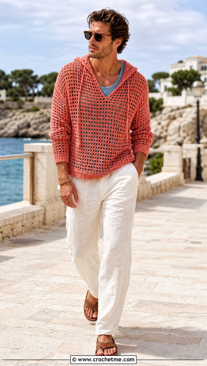 Filet Crochet Hoodie With Linen Pants - 35 crochet hoodie for men outfit ideas