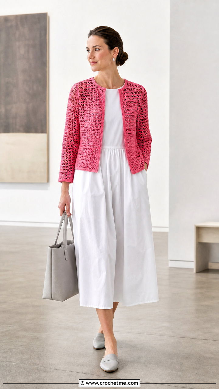 Filet Crochet Jacket With Poplin Midi Dress - 35 crochet coats & jackets outfit ideas