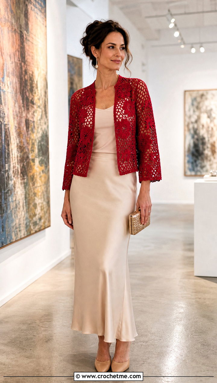 Filet Crochet Jacket With Slip Skirt - 35 crocheted jacket outfit ideas