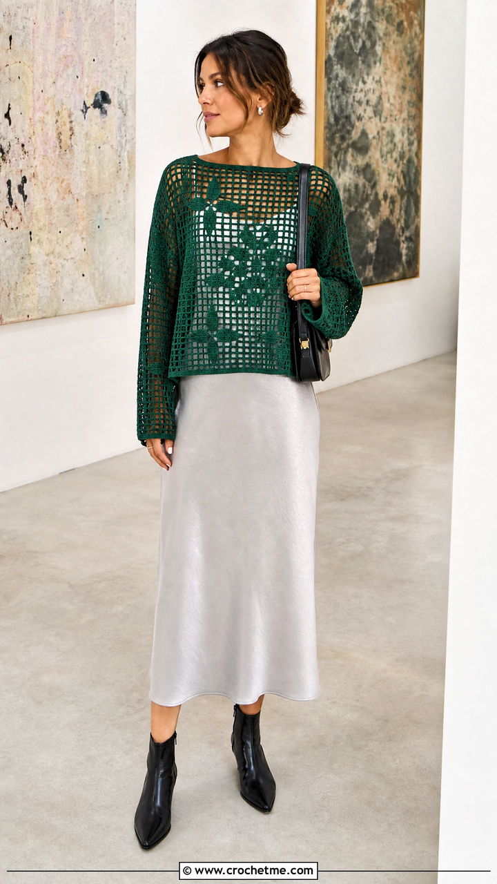 Filet Crochet Jumper Layered Over A Slip Dress - 35 crochet jumper outfit ideas