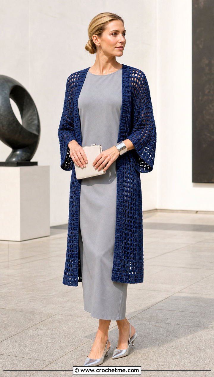 Filet Crochet Kimono Cardigan With Column Dress - 35 crochet kimono cardigan outfit ideas