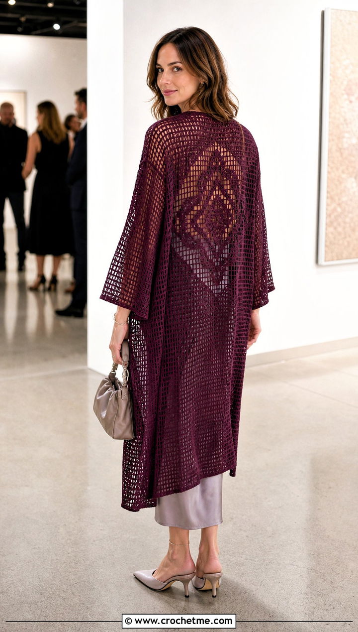 Filet Crochet Kimono Cardigan With Satin Midi Skirt - 25 kimono crochet cardigan outfit ideas