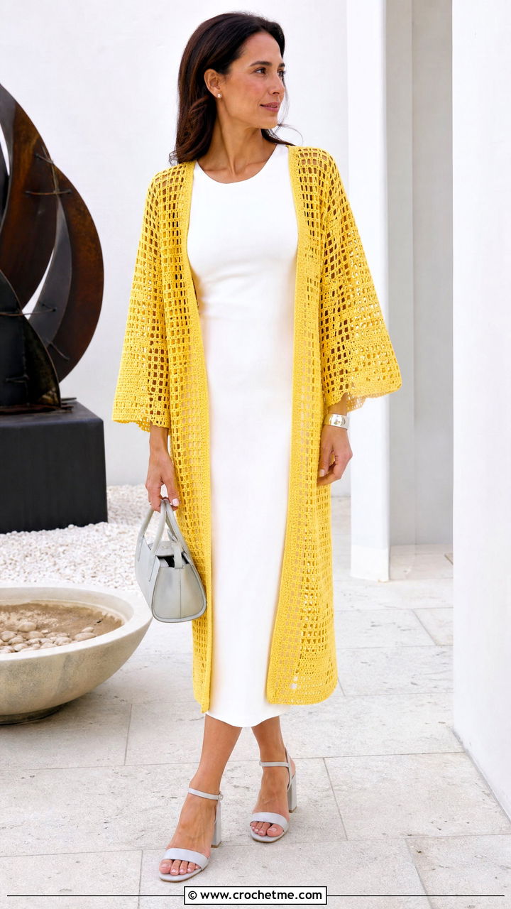 Filet Crochet Kimono With Column Midi Dress - 35 crochet kimono outfit ideas