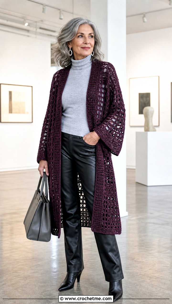 Filet Crochet Kimono With Turtleneck And Leather Pants - 15 crochet kimono cover up outfit ideas