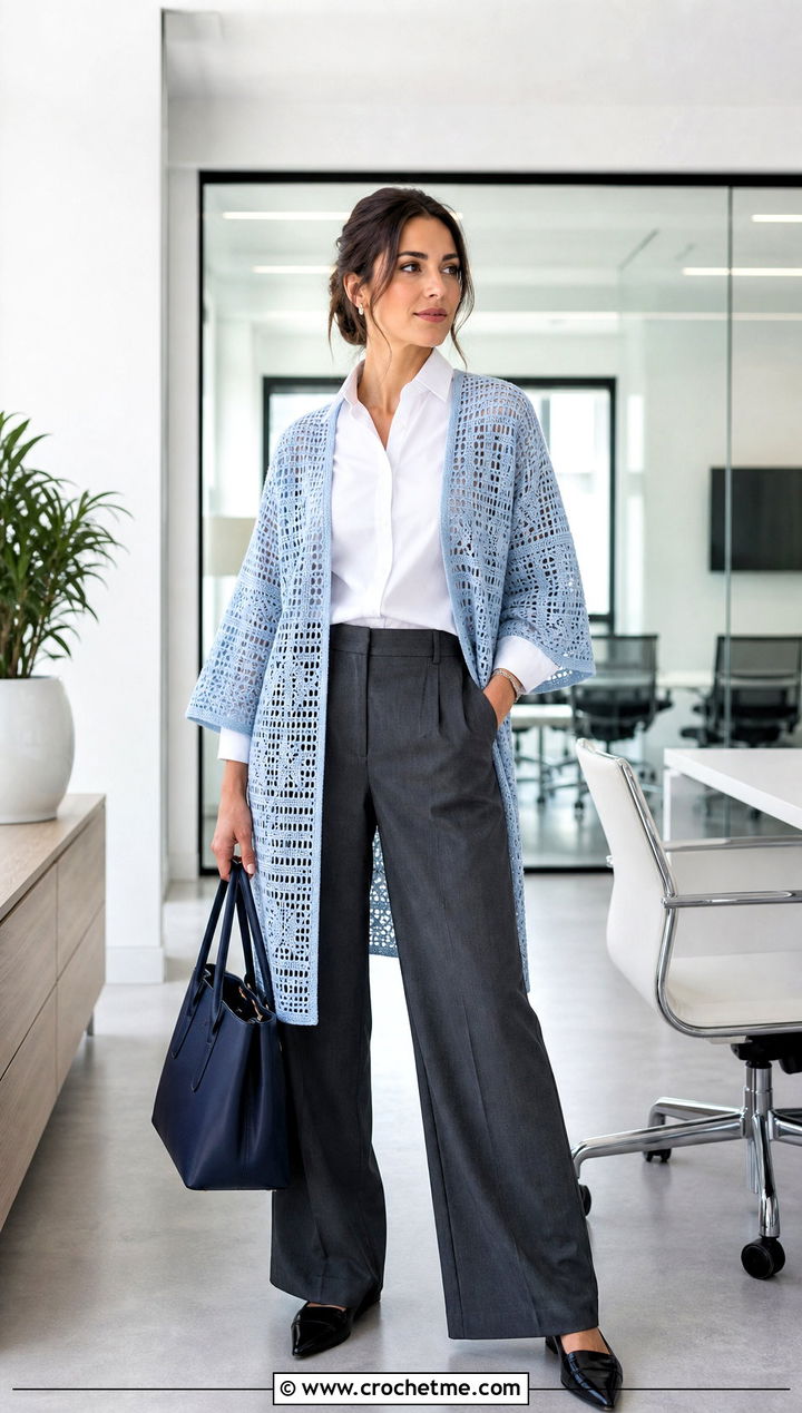 Filet Crochet Kimono With Wide Leg Pants - 25 easy crochet kimono outfit ideas