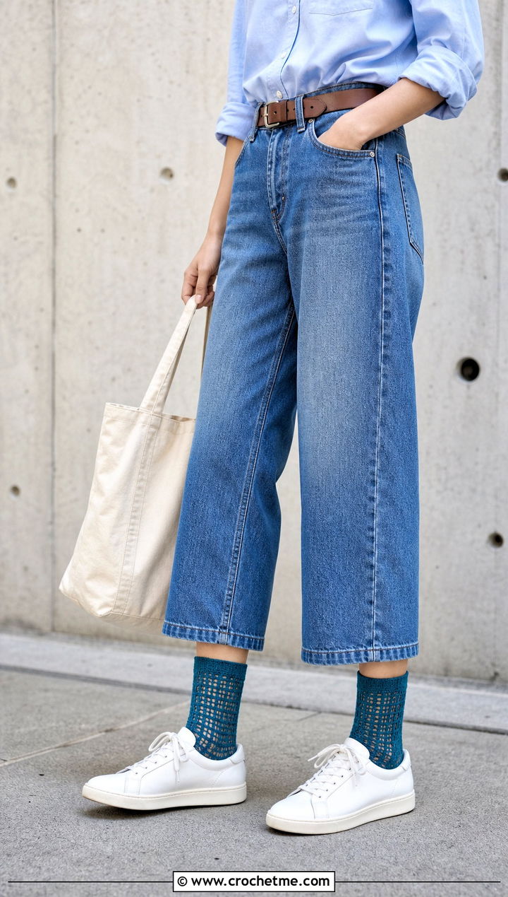 Filet Crochet Lace Crew Socks With Sneakers And Wide Leg Jeans - 25 Crochet Lace Socks outfit ideas
