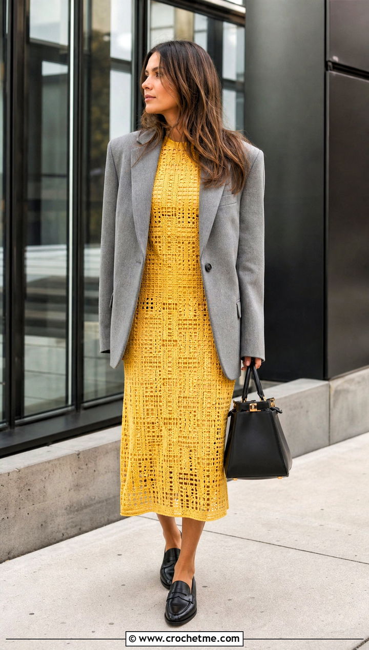 Filet Crochet Lace Midi Dress With Blazer And Loafers - 15 crochet lace dress design outfit ideas