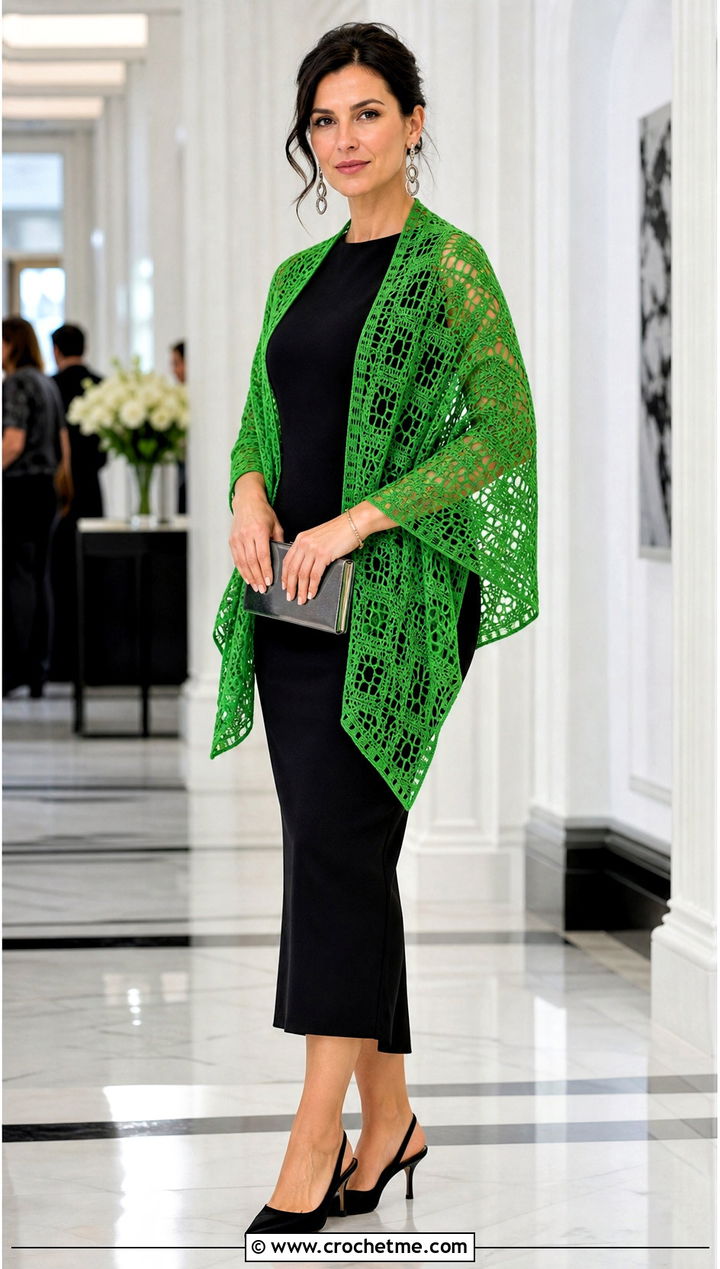 Filet Crochet Lace Shawl With A Black Column Dress - 30 easy crochet lace shawl outfit ideas