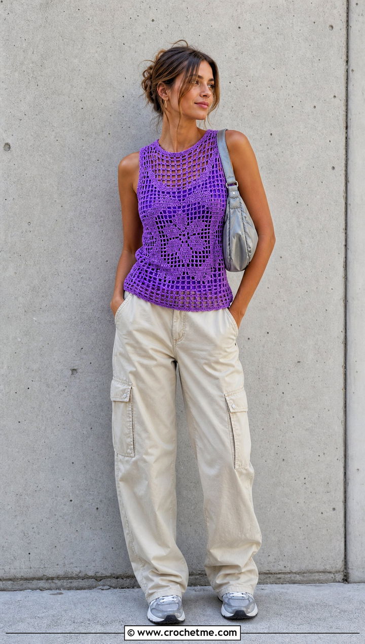 Filet Crochet Lace Tank Top With Cargo Pants - 30 crochet lace tank top outfit ideas