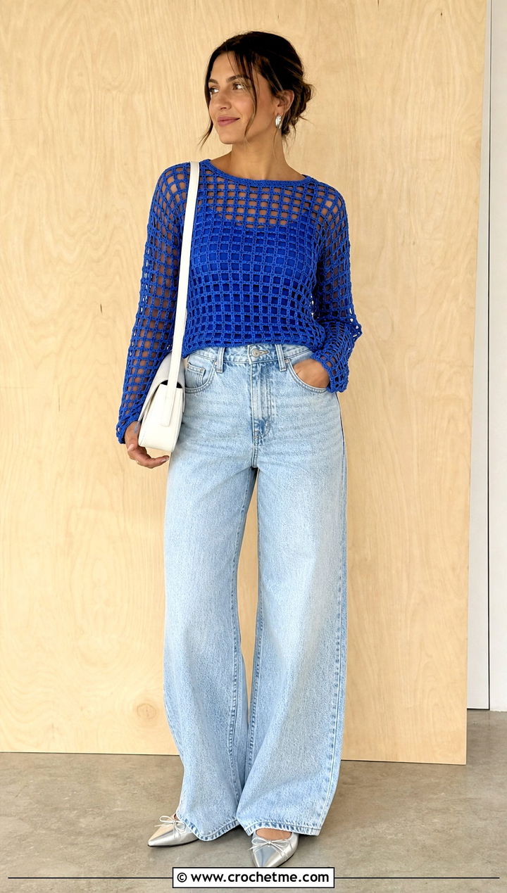 Filet Crochet Lace Top With Wide Leg Jeans - 15 crochet lace top on wooden background outfit ideas