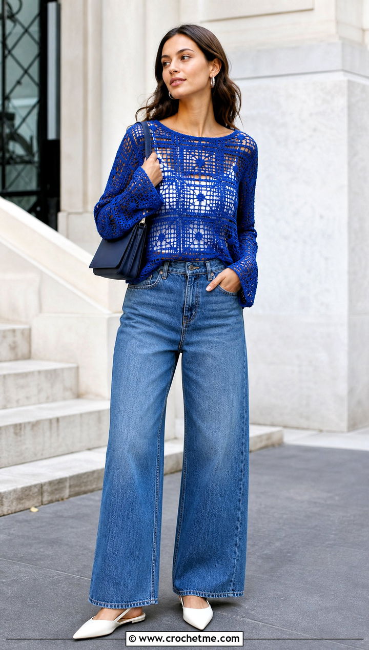 Filet Crochet Lace Top With Wide Leg Jeans - 30 crochet lace clothes and outfit ideas