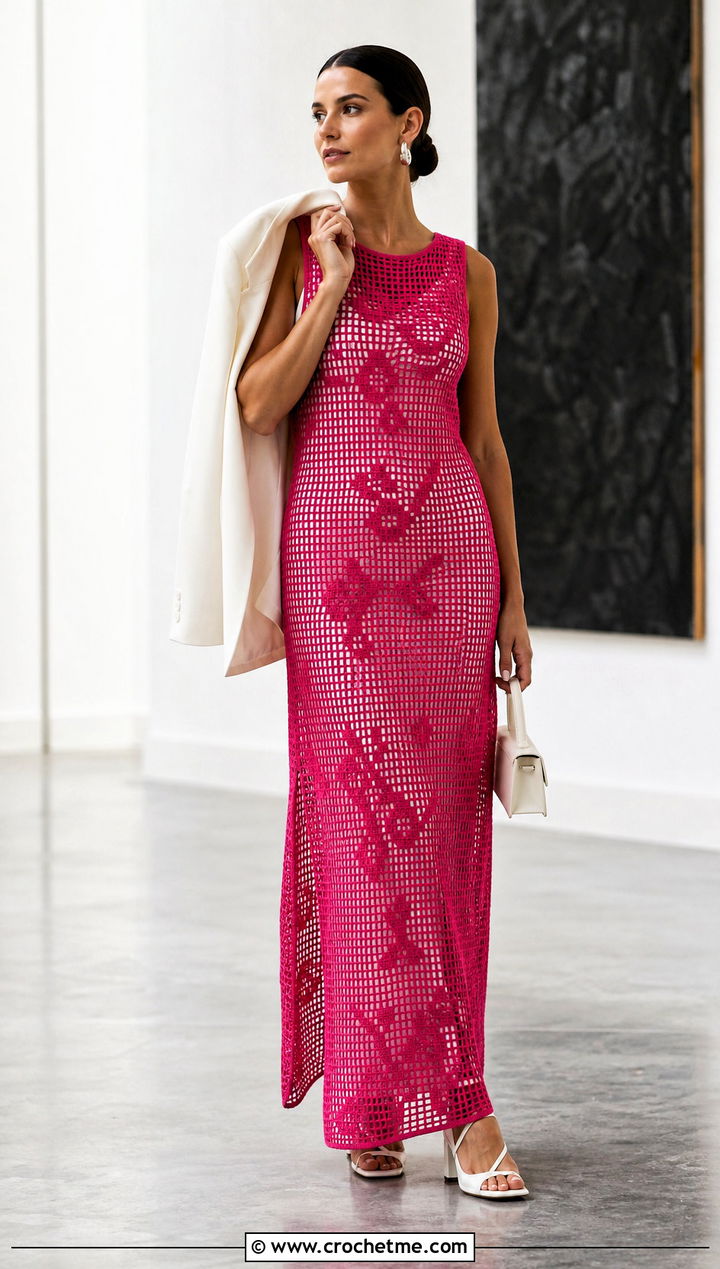 Filet Crochet Long Dress With Slip Layer - 35 Long Crochet Dress outfit ideas