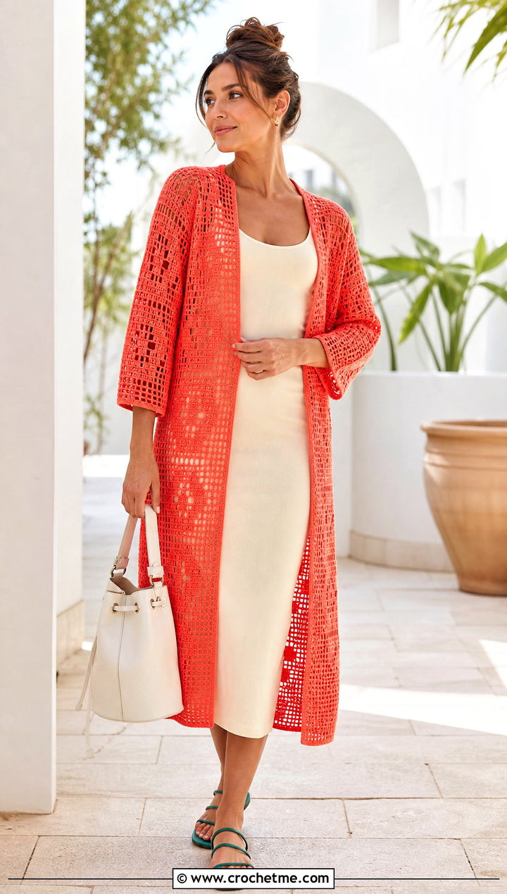 Filet Crochet Long Jacket With a Tank Dress - 35 crochet long jacket outfit ideas
