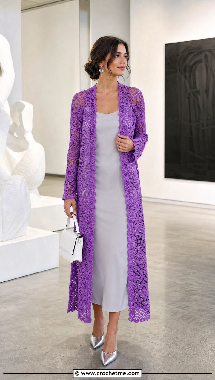 Filet Crochet Long Lacy Cardigan With Midi Dress - 20 Crochet Long Lacy Cardigan outfit ideas
