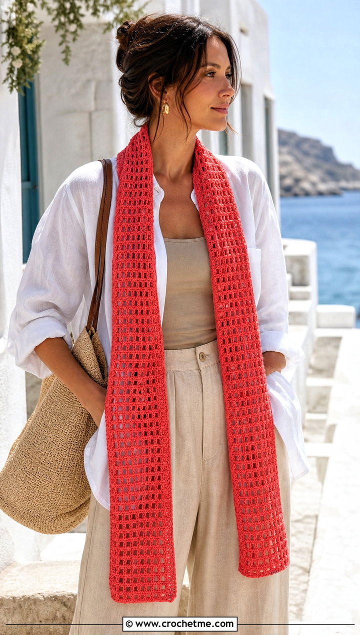 Filet Crochet Long Scarf With Linen Shirt And Wide Leg Pants - 25 Crochet Long Scarf outfit ideas