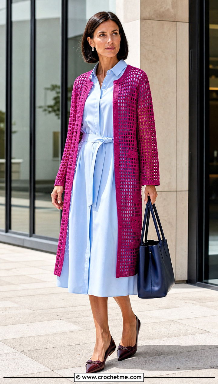 Filet Crochet Long Sleeve Cardigan With Shirt Dress - 25 Crochet Long Sleeve Cardigan outfit ideas