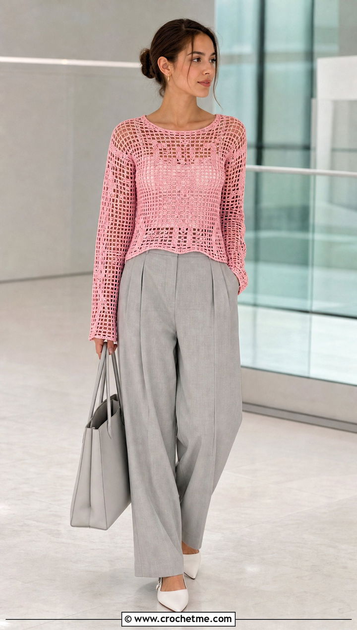 Filet Crochet Long Sleeve Top With Tailored Trousers - 25 Easy Crochet Long Sleeve Top outfit ideas