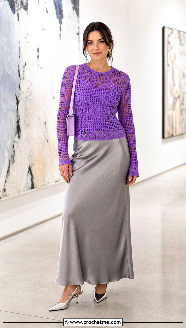 Filet Crochet Long Sleeved Top With Satin Slip Skirt - 25 Crochet Long Sleeved Top outfit ideas